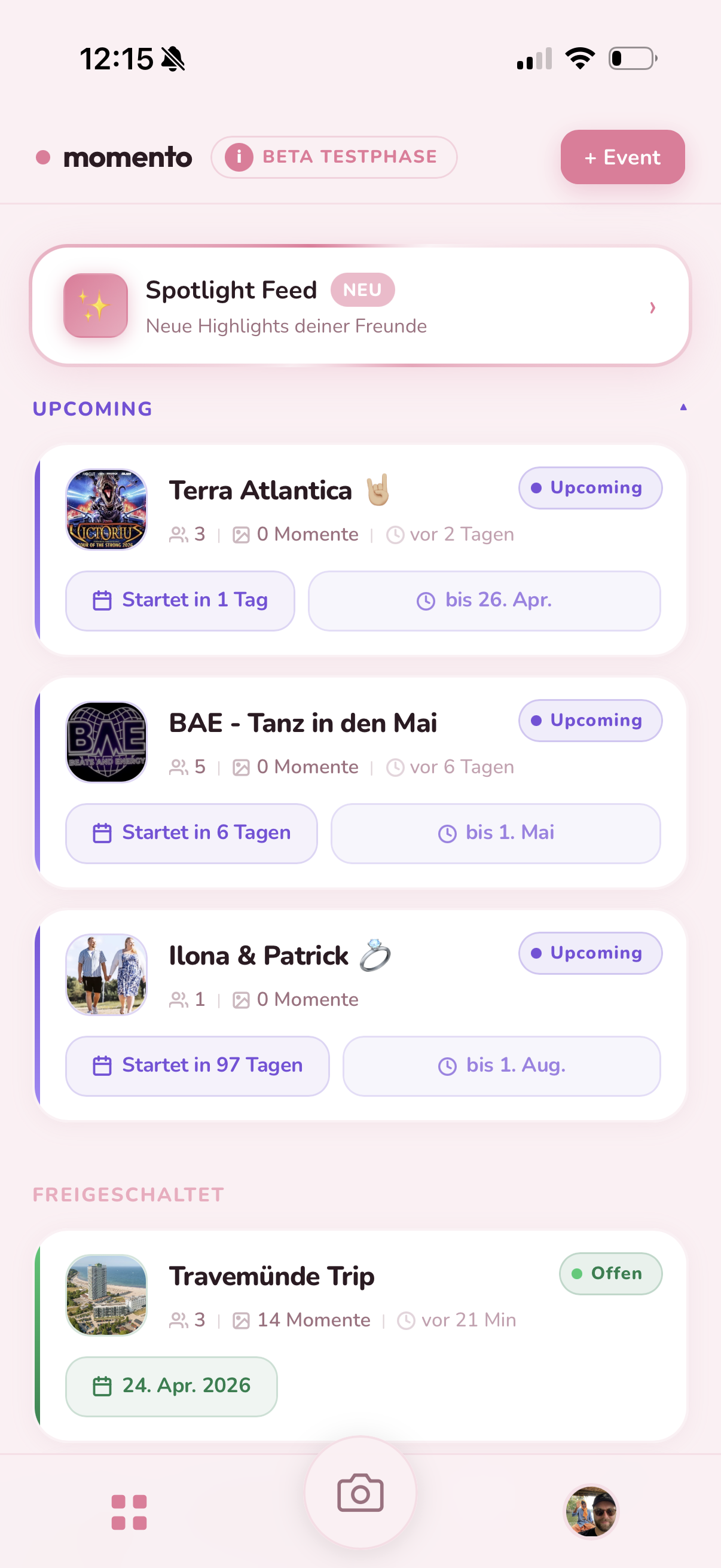 momento Events-Liste